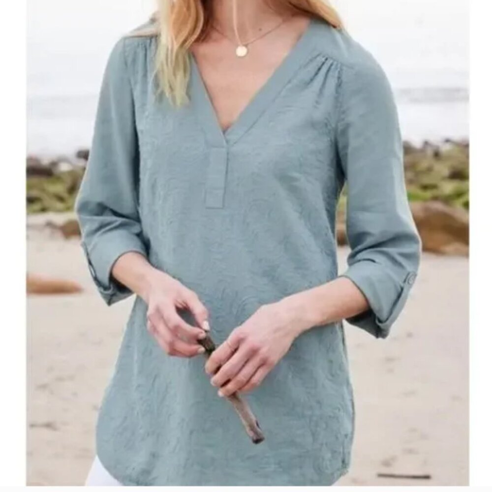 Soft Surroundings Embroidered Tunic Blouse Top Roll Linen Blue 1X Beachy Boho